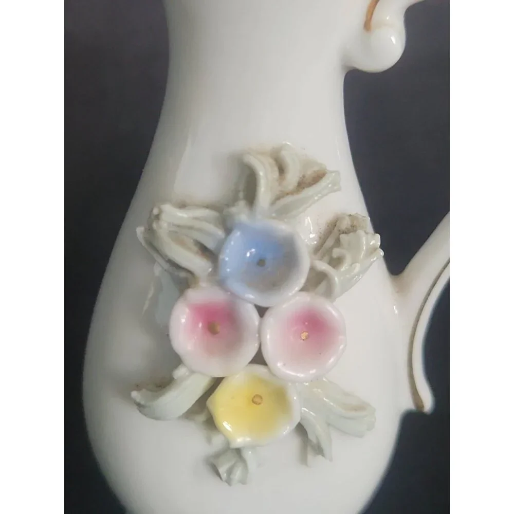Cream Porcelain Pitcher Vase with Pastel Floral Appliqués and Gold Trim